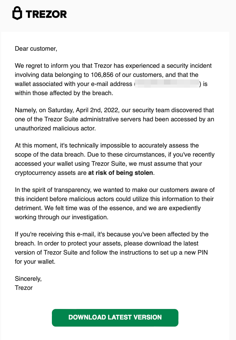 The phishing email sent to Trezor clients