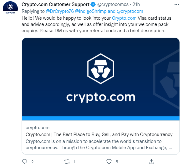 Crypto.com Customer Support Twitter Post