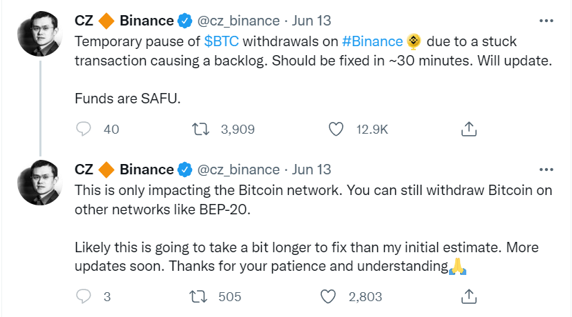 Binance CEO on freezing Bitcoin withdrawals.
