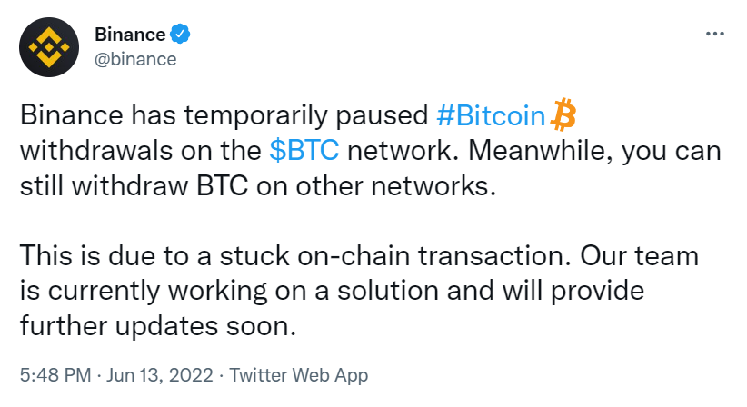 Binance tweets about pausing Bitcoin withdrawal.