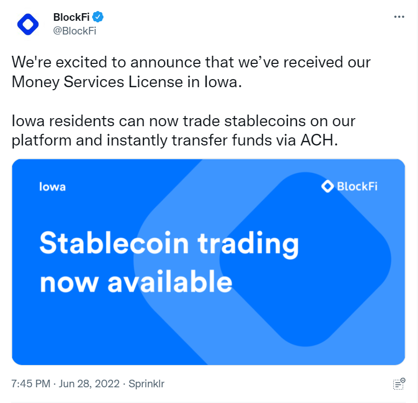 BlockFi Money Services License in Iowa