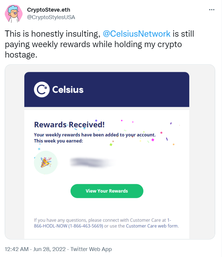 Celsius holding user crypto hostage 