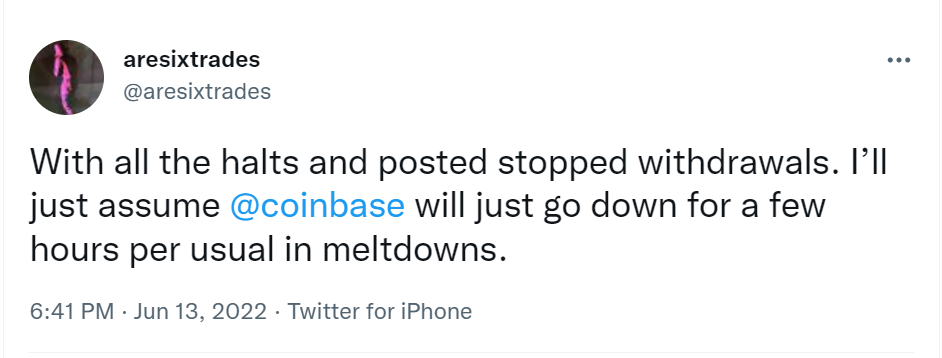 Twitter user speculates Coinbase downtime.
