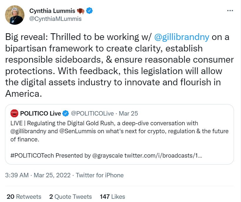  Cynthia Lummis tweets about new crypto bill