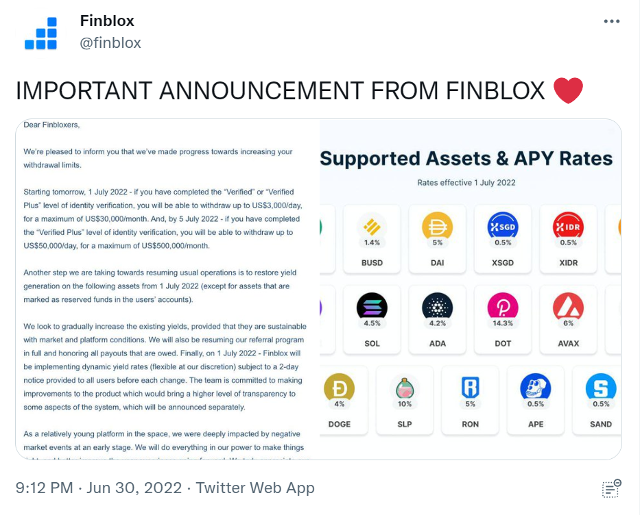 Finblox raises withdrawal limits