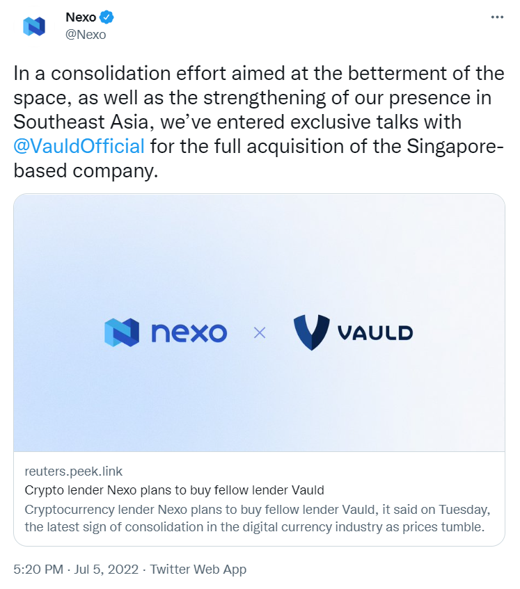 Nexo announces Vauld acquisition.