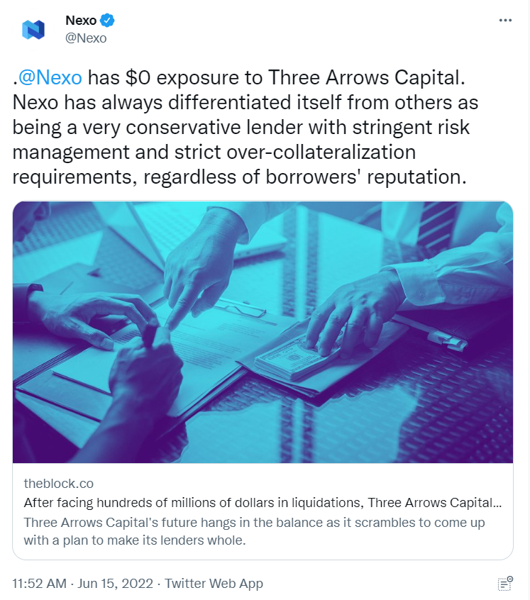 Nexo has zero exposure to Three Arrows Capital.
