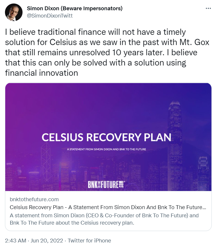 Simon Dixon Celsius recovery plan