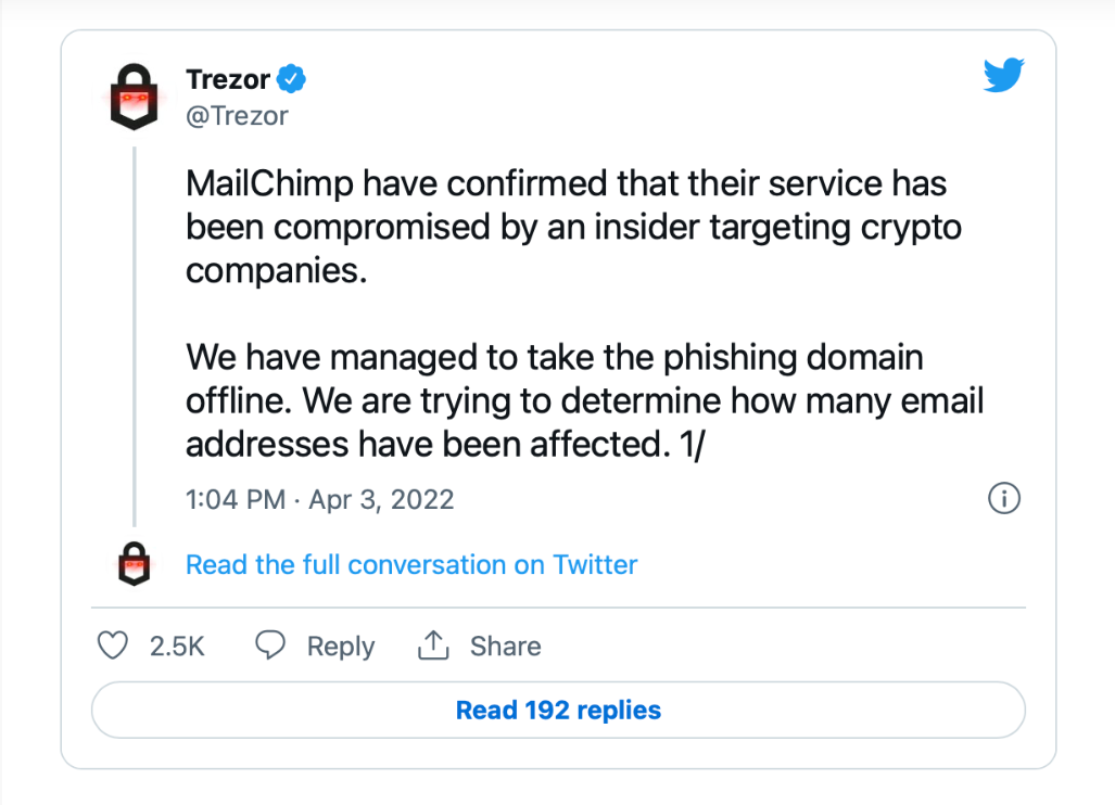 Trezor's response to the attempted phishing scam